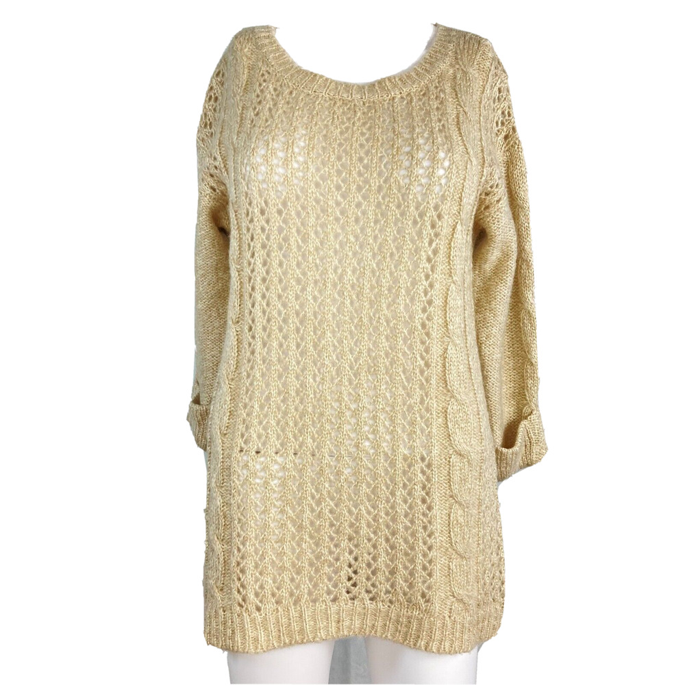 Aqua Sweater Womens Sz S Cream Beige Open Cable Knit 3/4 Sleeve